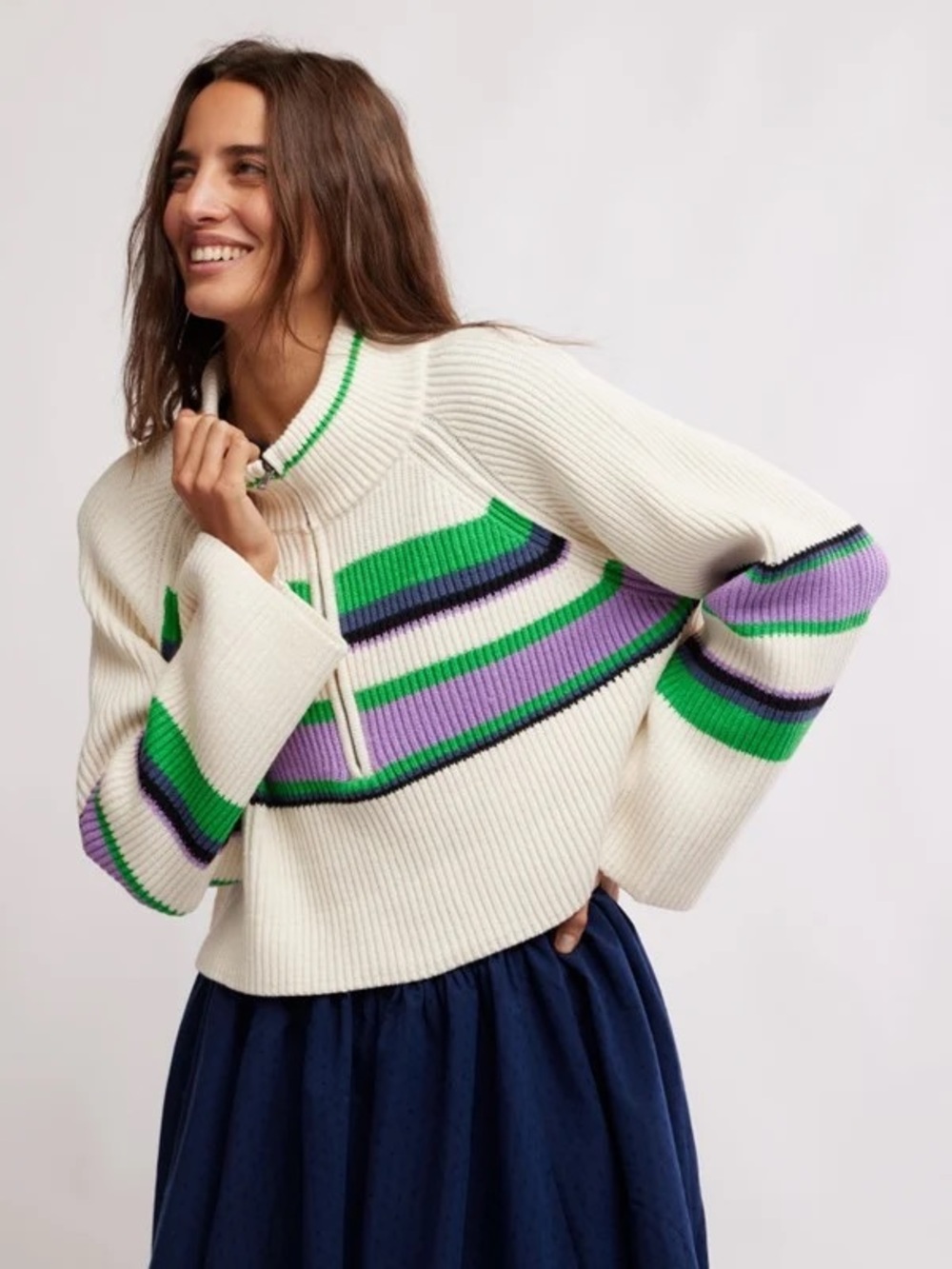 Free People Greta Half Zip Ribbed Sweater in Sugar Swirl Stripe